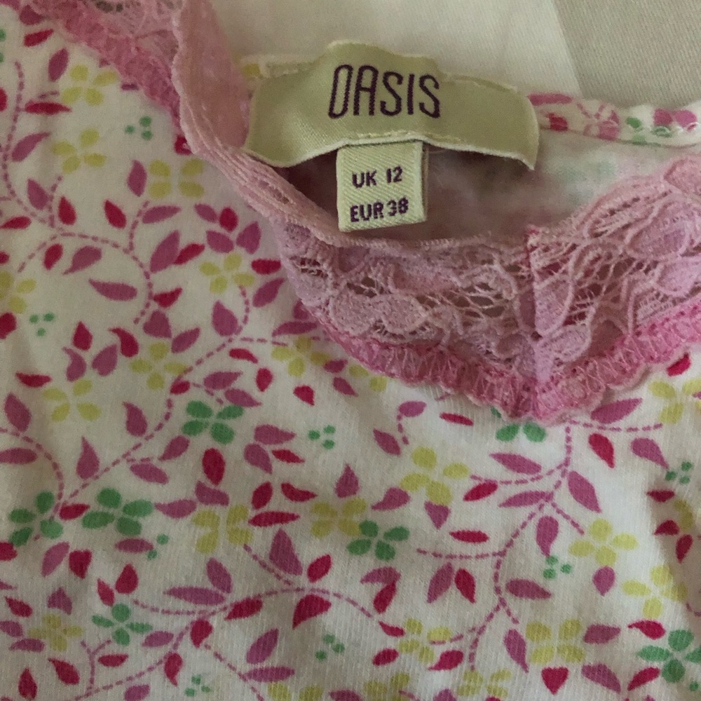 Oasis Pink Lace-Trim Floral Tee with Green & Yellow Accents